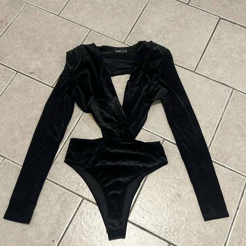 Velvet rhinestone bodysuit and skirt set